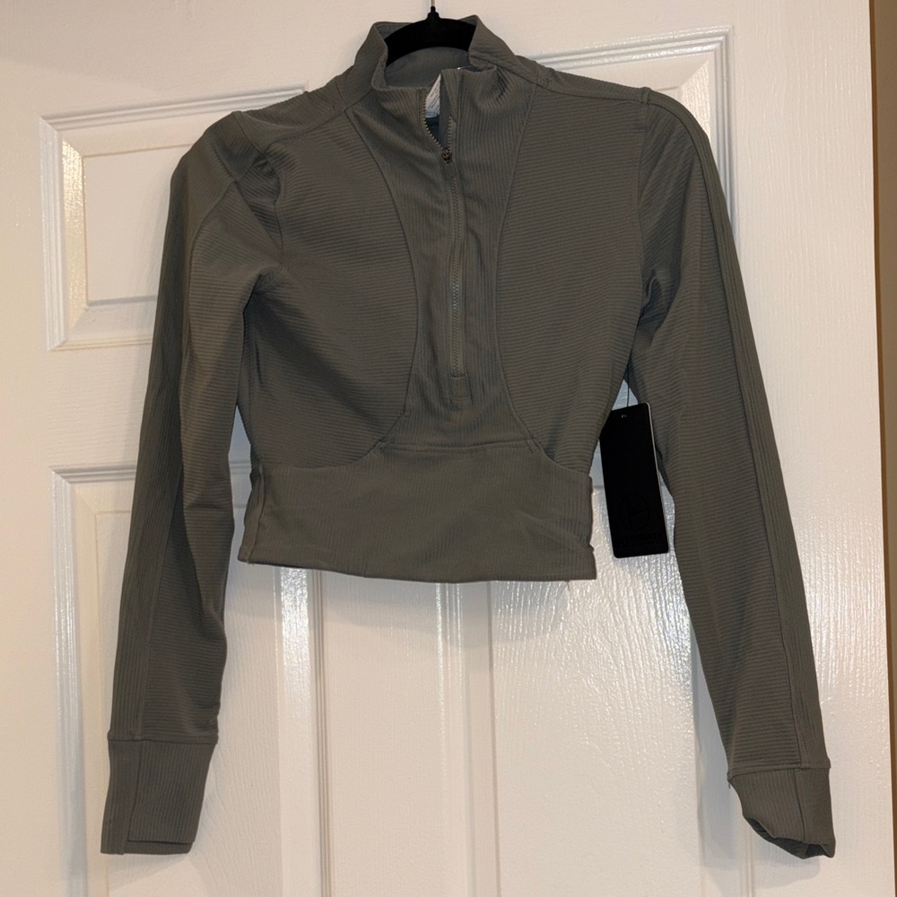 90 Degree By Reflex Olive Green Cropped Quarter-Zip Top